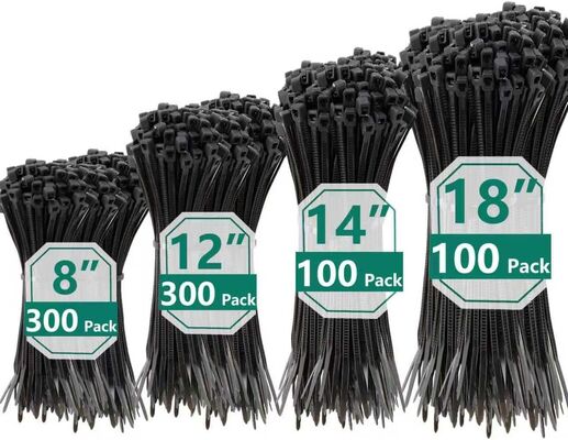 kualitas Pengikat Kabel Nilon Hitam Tahan UV Tugas Berat Pengunci Otomatis dan Pengikat Zip dalam Ukuran 8+12+14+18 Inci pabrik